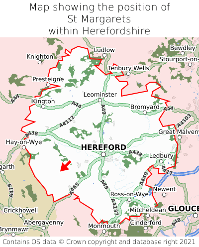 Map showing location of St Margarets within Herefordshire