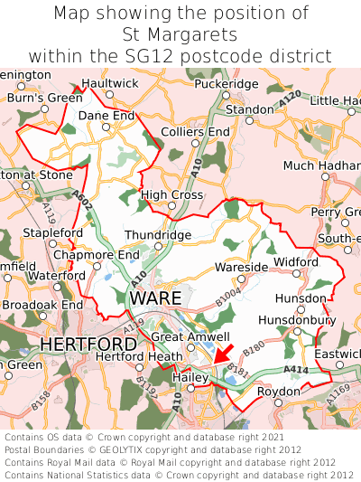 Map showing location of St Margarets within SG12
