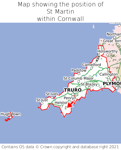 Map showing location of St Martin within Cornwall