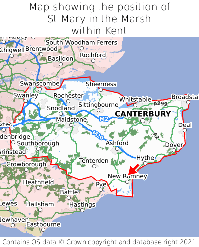 Map showing location of St Mary in the Marsh within Kent
