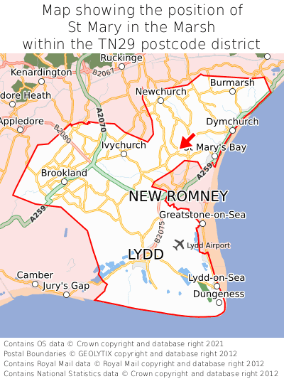 Map showing location of St Mary in the Marsh within TN29
