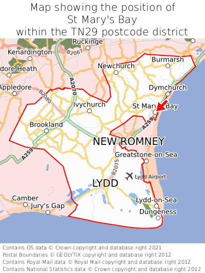 Map showing location of St Mary's Bay within TN29