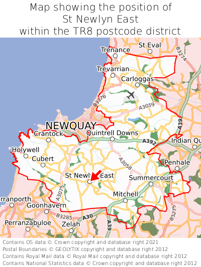 Map showing location of St Newlyn East within TR8