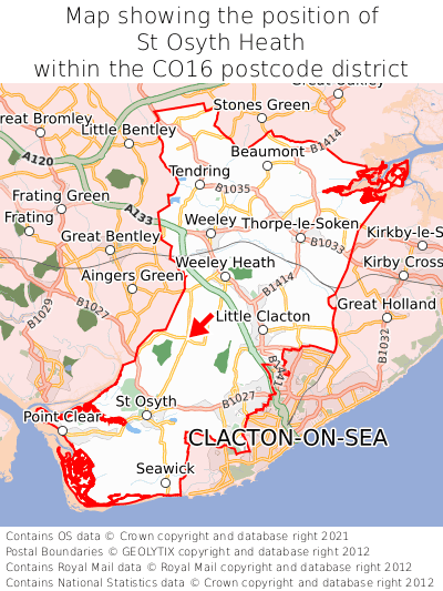 Map showing location of St Osyth Heath within CO16