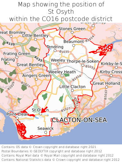 Map showing location of St Osyth within CO16