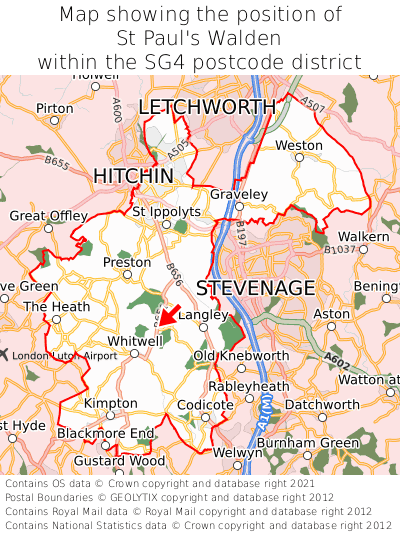 Map showing location of St Paul's Walden within SG4