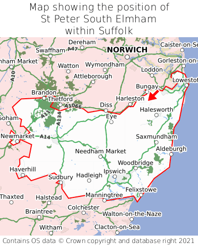 Map showing location of St Peter South Elmham within Suffolk