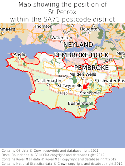 Map showing location of St Petrox within SA71