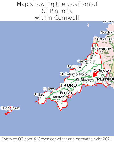 Map showing location of St Pinnock within Cornwall