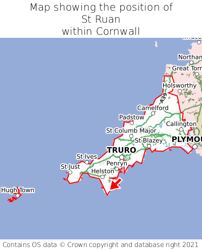 Map showing location of St Ruan within Cornwall