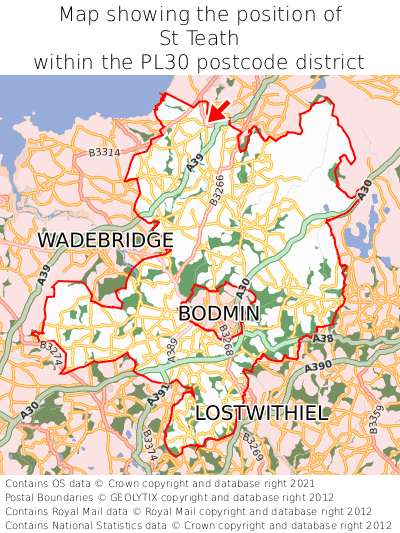 Map showing location of St Teath within PL30