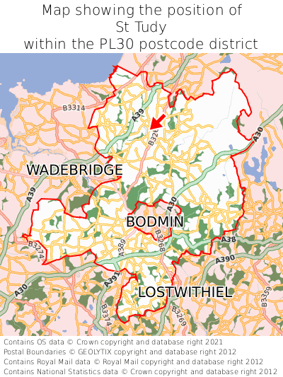 Map showing location of St Tudy within PL30