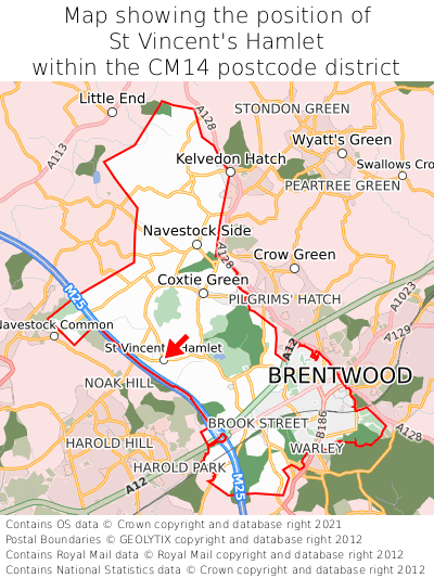 Map showing location of St Vincent's Hamlet within CM14