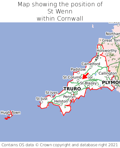 Map showing location of St Wenn within Cornwall