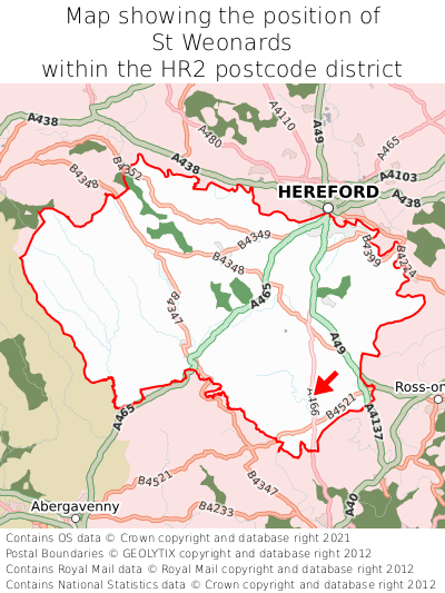 Map showing location of St Weonards within HR2