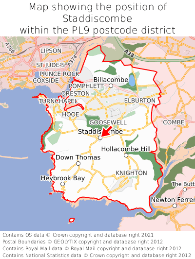 Map showing location of Staddiscombe within PL9