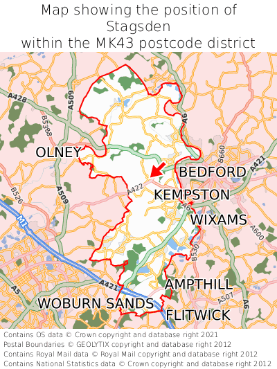 Map showing location of Stagsden within MK43
