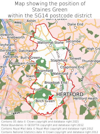Map showing location of Staines Green within SG14