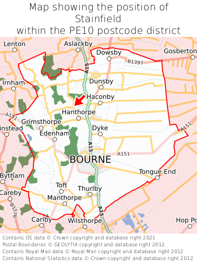 Map showing location of Stainfield within PE10