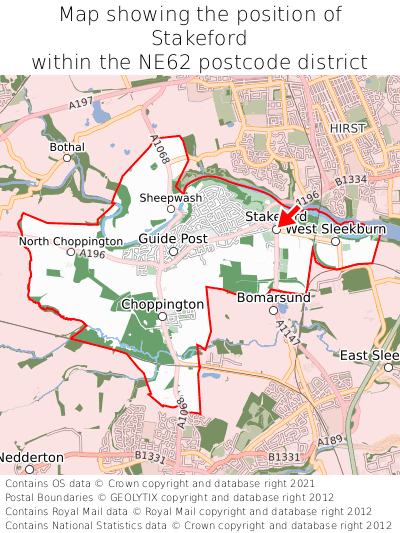 Map showing location of Stakeford within NE62