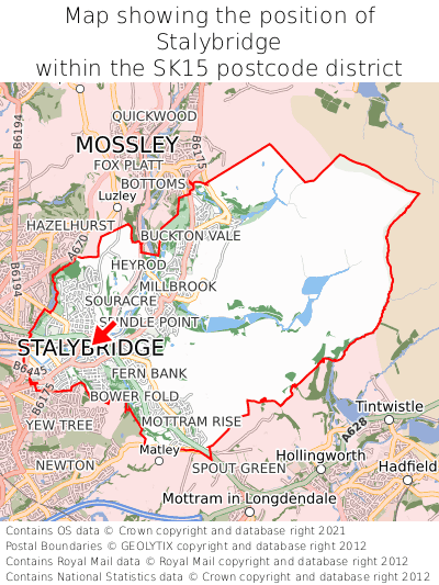 Map showing location of Stalybridge within SK15