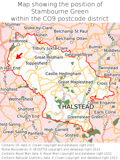 Map showing location of Stambourne Green within CO9