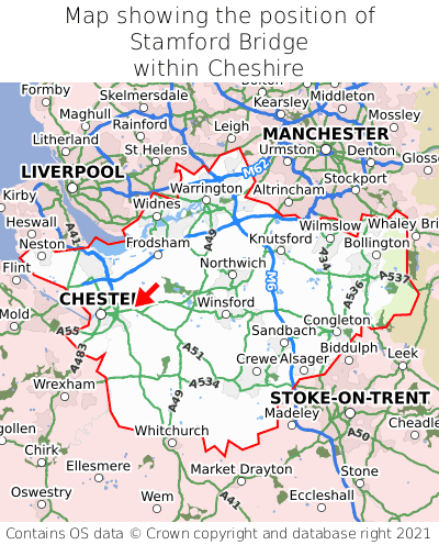 Map showing location of Stamford Bridge within Cheshire