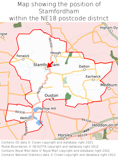 Map showing location of Stamfordham within NE18