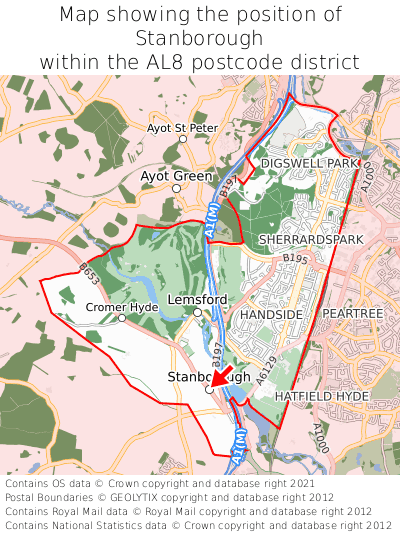 Map showing location of Stanborough within AL8