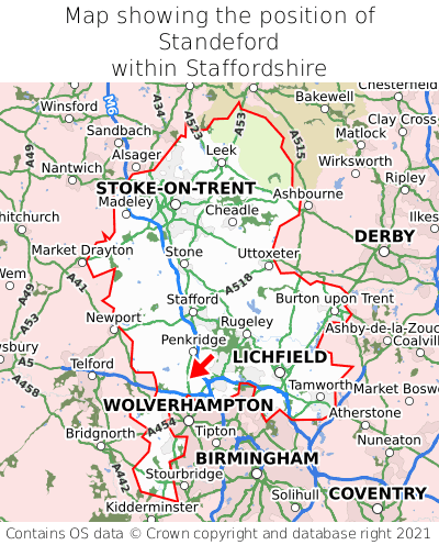 Map showing location of Standeford within Staffordshire