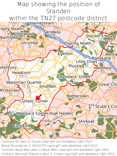 Map showing location of Standen within TN27