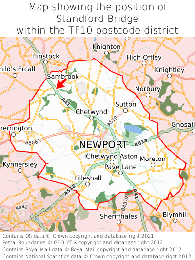 Map showing location of Standford Bridge within TF10