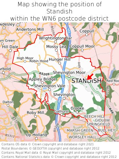 Map showing location of Standish within WN6