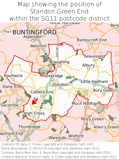 Map showing location of Standon Green End within SG11