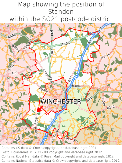Map showing location of Standon within SO21