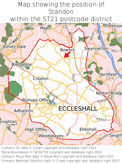 Map showing location of Standon within ST21