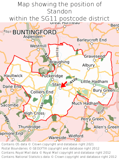 Map showing location of Standon within SG11