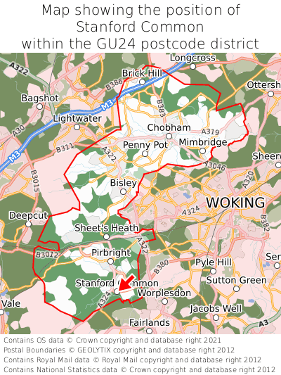 Map showing location of Stanford Common within GU24