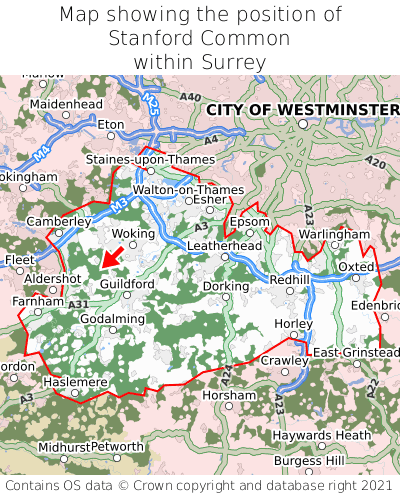 Map showing location of Stanford Common within Surrey