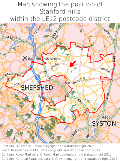 Map showing location of Stanford Hills within LE12