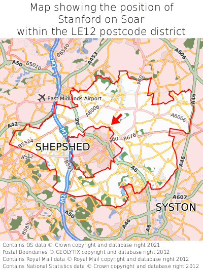 Map showing location of Stanford on Soar within LE12