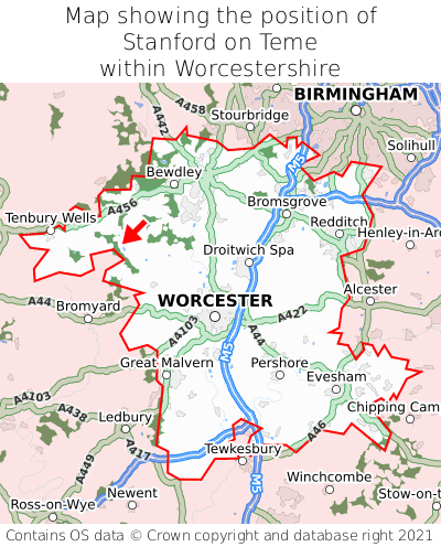 Map showing location of Stanford on Teme within Worcestershire