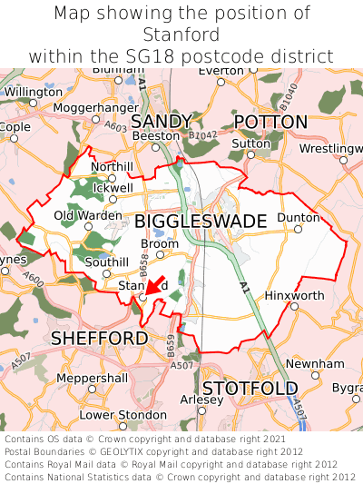 Map showing location of Stanford within SG18
