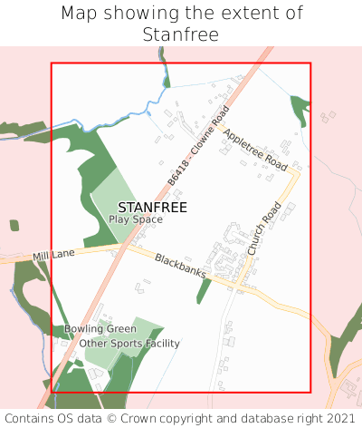 Map showing extent of Stanfree as bounding box