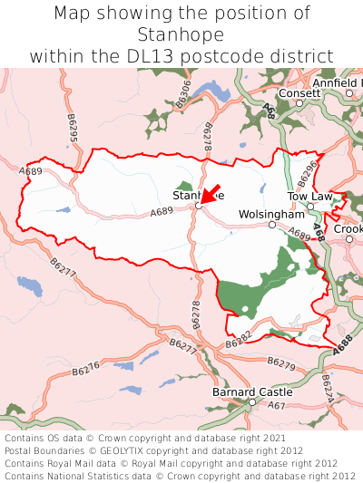 Map showing location of Stanhope within DL13