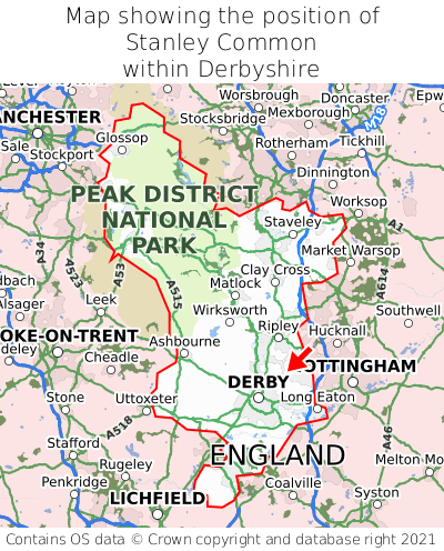 Map showing location of Stanley Common within Derbyshire