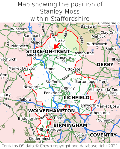Map showing location of Stanley Moss within Staffordshire
