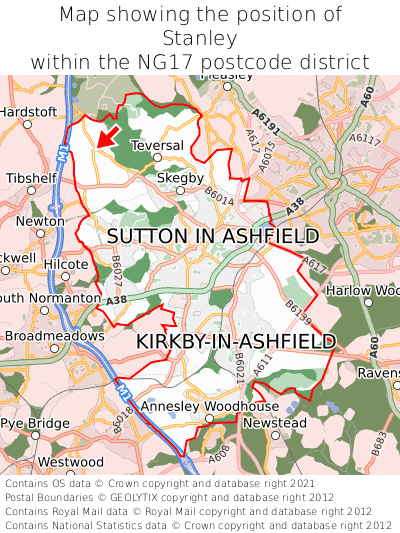 Map showing location of Stanley within NG17