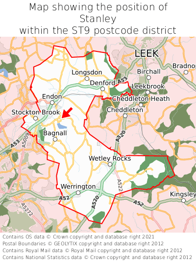 Map showing location of Stanley within ST9