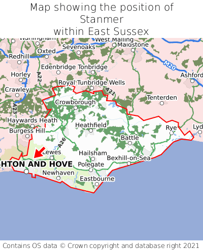 Map showing location of Stanmer within East Sussex